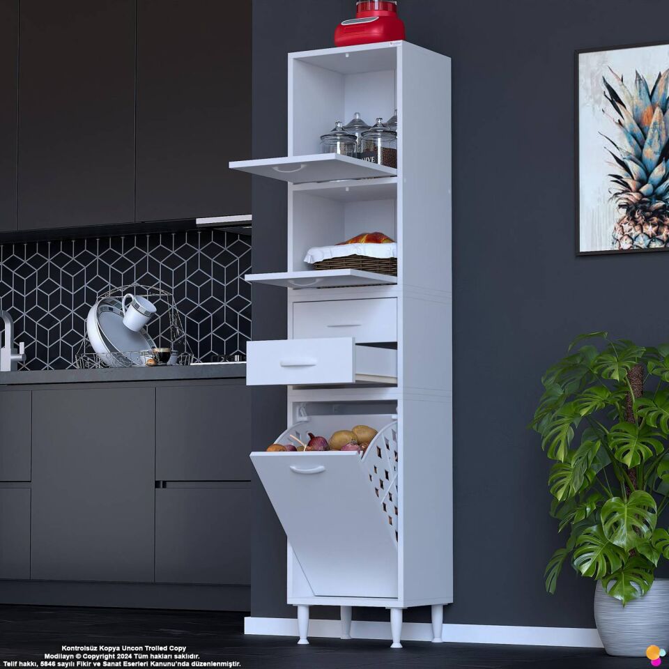 Irmak 40 cm  Sepetli Çok Amaçlı Üst Çift Kapaklı 2 Çekmeceli Mutfak Kiler Banyo Dolabı 40x181x32 cm