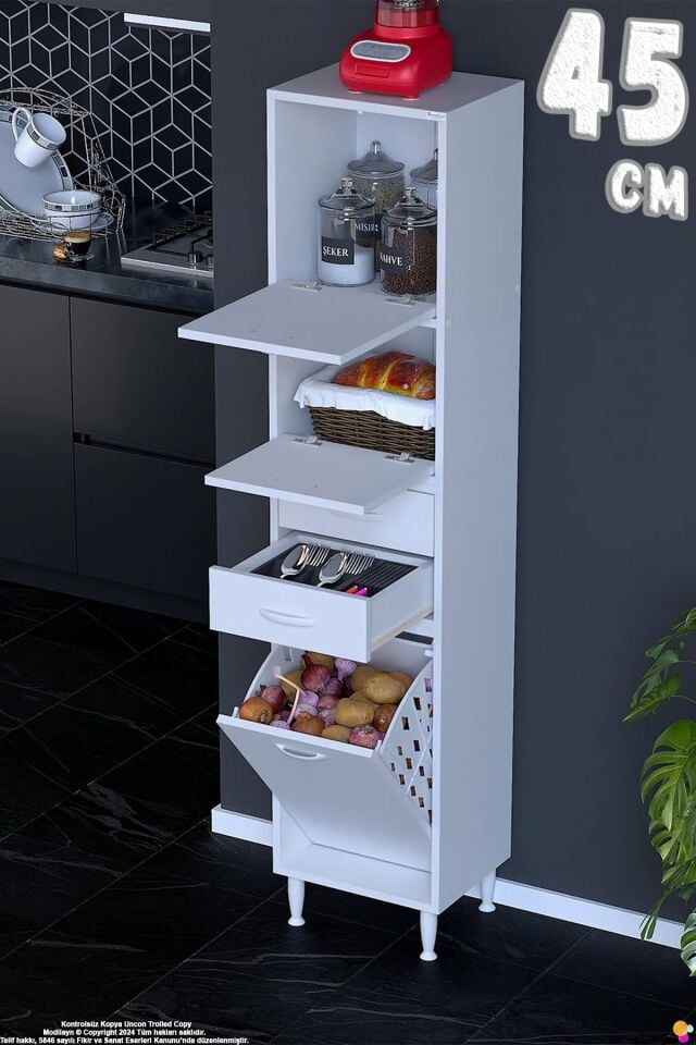 Irmak 45 cm  Sepetli Çok Amaçlı Üst Çift Kapaklı 2 Çekmeceli Mutfak Kiler Banyo Dolabı 45x181x32 cm