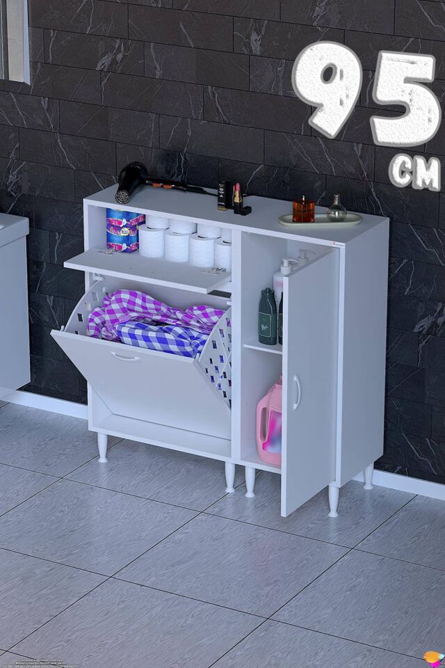Riva 95 cm Çok Amaçlı Sepetli Banyo Dolabı ve Mutfak/Kiler Dolabı Beyaz ((60+35)x97x32 cm)