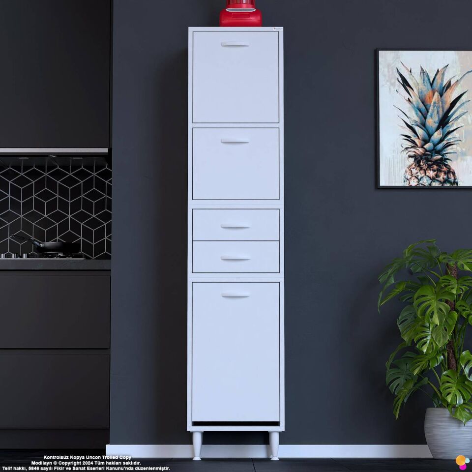 Irmak 50 cm  Sepetli Çok Amaçlı Üst Çift Kapaklı 2 Çekmeceli Mutfak Kiler Banyo Dolabı 50x181x32 cm