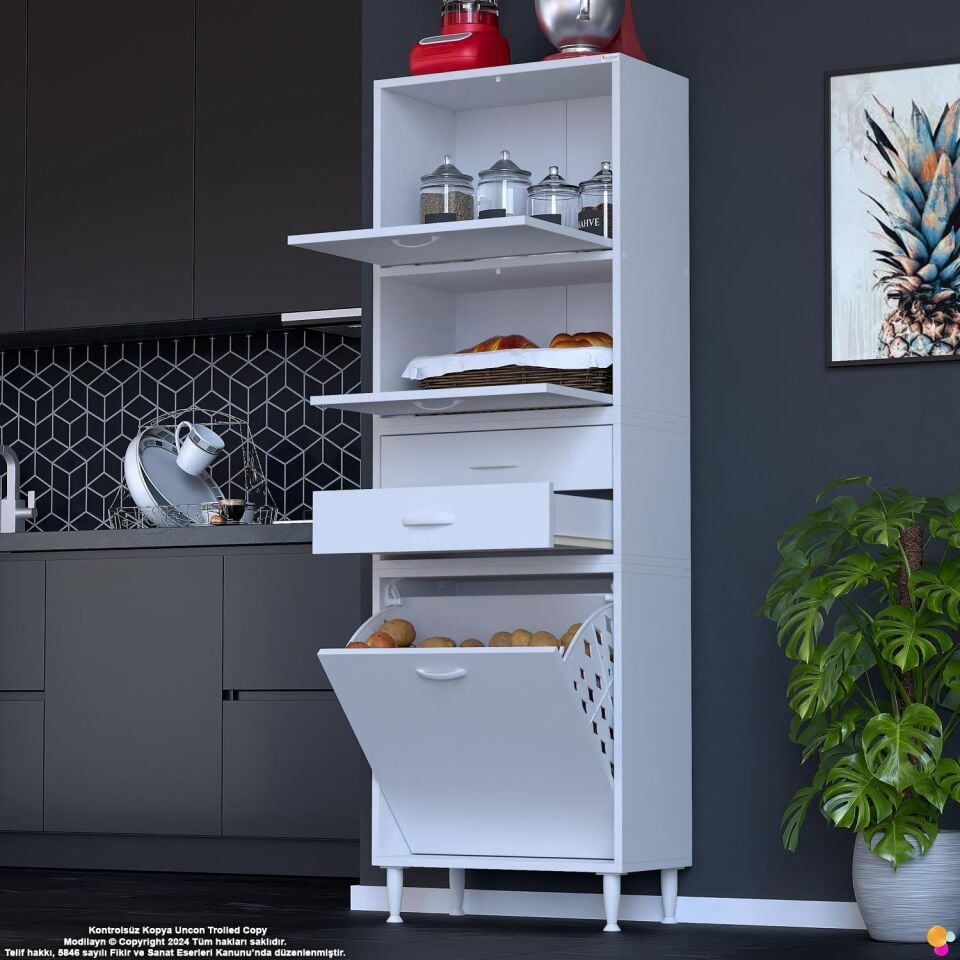 Irmak 55 cm  Sepetli Çok Amaçlı Üst Çift Kapaklı 2 Çekmeceli Mutfak Kiler Banyo Dolabı 55x181x32 cm