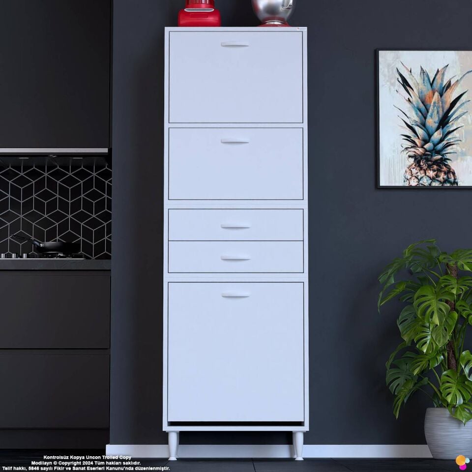 Irmak 55 cm  Sepetli Çok Amaçlı Üst Çift Kapaklı 2 Çekmeceli Mutfak Kiler Banyo Dolabı 55x181x32 cm