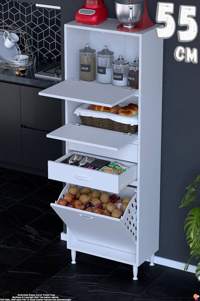 Irmak 55 cm  Sepetli Çok Amaçlı Üst Çift Kapaklı 2 Çekmeceli Mutfak Kiler Banyo Dolabı 55x181x32 cm