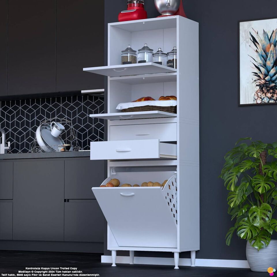 Irmak 65 cm  Sepetli Çok Amaçlı Üst Çift Kapaklı 2 Çekmeceli Mutfak Kiler Banyo Dolabı 65x181x32 cm