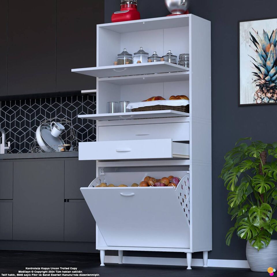 Irmak 70 cm Çift Kapaklı 2 Çekmeceli 2 Göz Sepetli Çok Amaçlı Mutfak Kiler Banyo Dolabı 70x181x32 cm