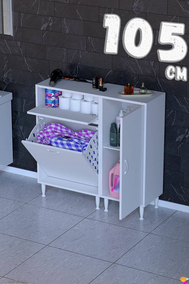 Luna 105 cm Modüler Çamaşır Sepetli Banyo Dolabı ve Mutfak Kiler Dolabı Beyaz ((65+40)x97x32 cm)