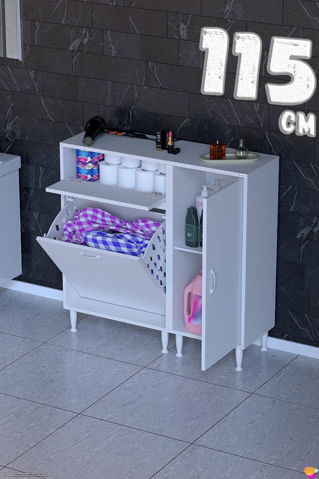 Luna 115 cm Modüler Çamaşır Sepetli Banyo Dolabı ve Mutfak Kiler Dolabı Beyaz ((65+50)x97x32 cm)