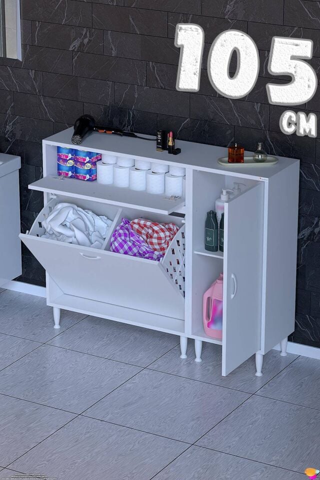 Alya 105 cm Modüler Çift Sepetli Banyo Dolabı ve Mutfak Kiler Düzenleyici Beyaz ((70+35)x97x32 cm)