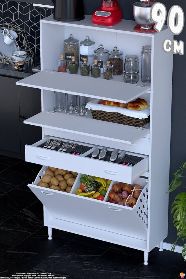 Irmak 90 cm Çift Kapaklı 2 Çekmeceli 3 Göz Sepetli Çok Amaçlı Mutfak Kiler Banyo Dolabı 90x181x32 cm