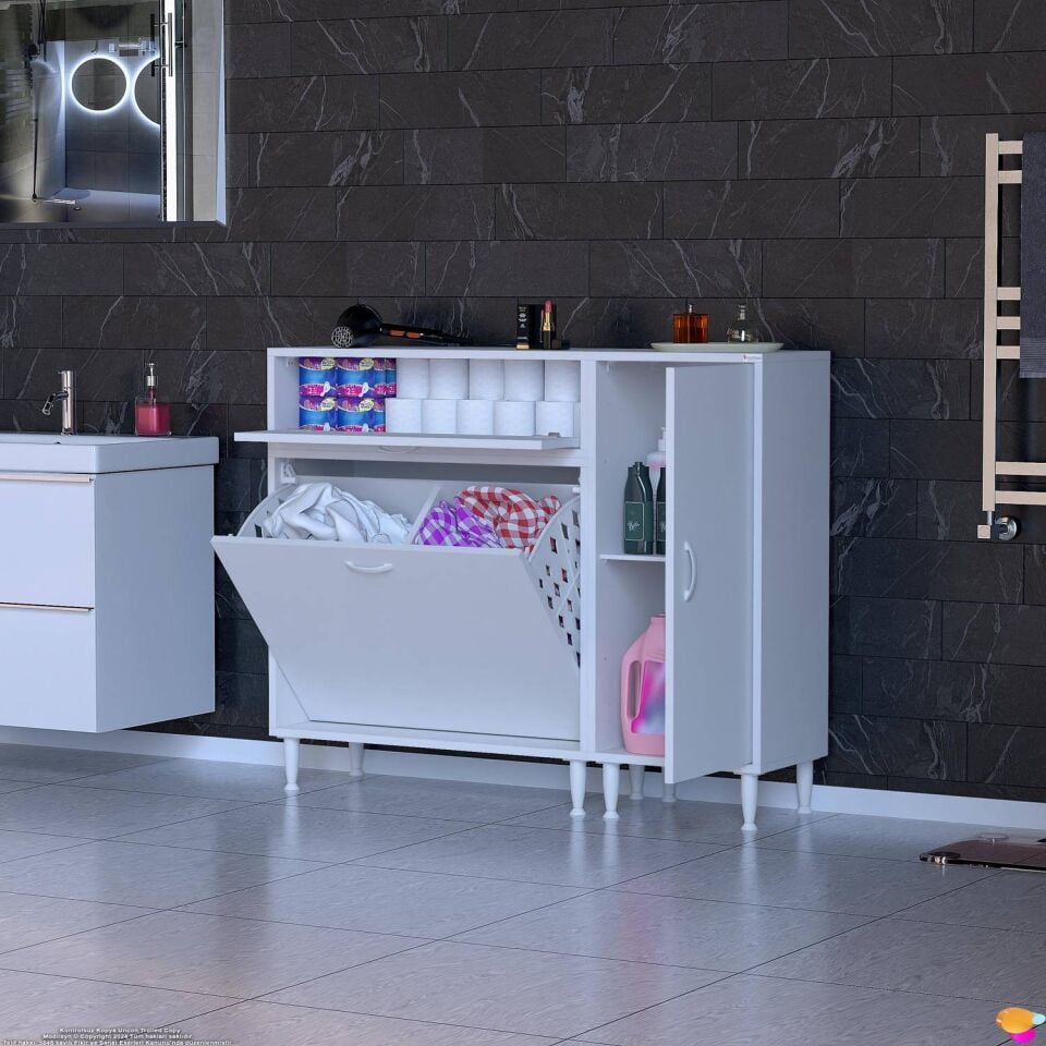 Alya 120 cm Modüler Çift Sepetli Banyo Dolabı ve Mutfak Kiler Düzenleyici Beyaz ((70+50)x97x32 cm)