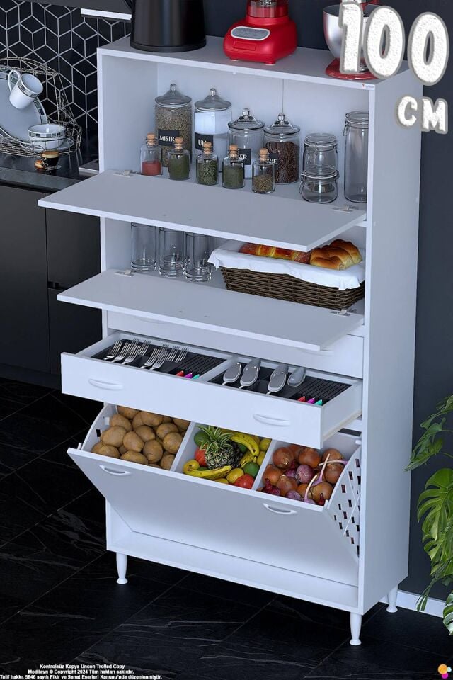 Irmak 100 cm Çift Kapak 2 Çekmeceli 3 Göz Sepetli Çok Amaçlı Mutfak Kiler Banyo Dolabı 100x181x32 cm