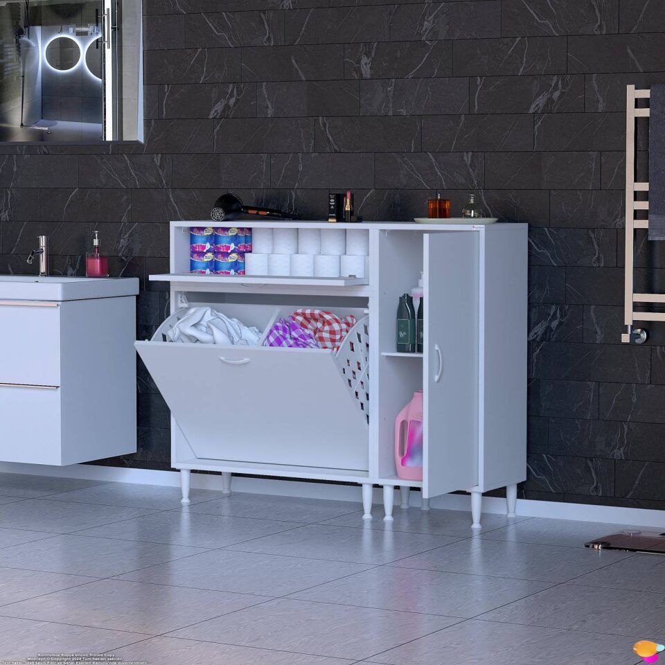 Vera 110 cm Çok Amaçlı Çift Sepetli Banyo ve Kiler Dolabı Beyaz ((75+35)x97x32 cm)