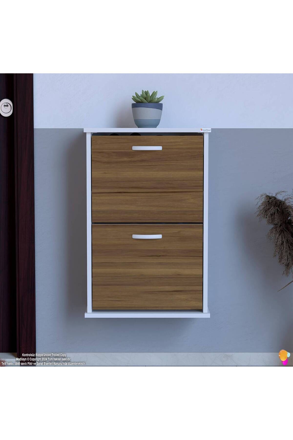 Holen Ceviz Renk Ayakkabılık 2 Düşer Kapak 52 cm Genişlik Kapı Önü Asma Ayakkabılık 52x74x26 cm