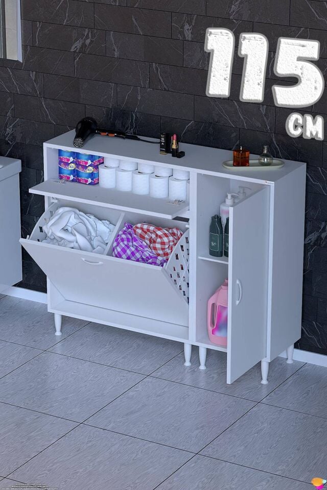 Mila 115 cm Geniş Depolama Alanlı Çift Sepetli Banyo ve Kiler Dolabı Beyaz ((80+35)x97x32 cm)