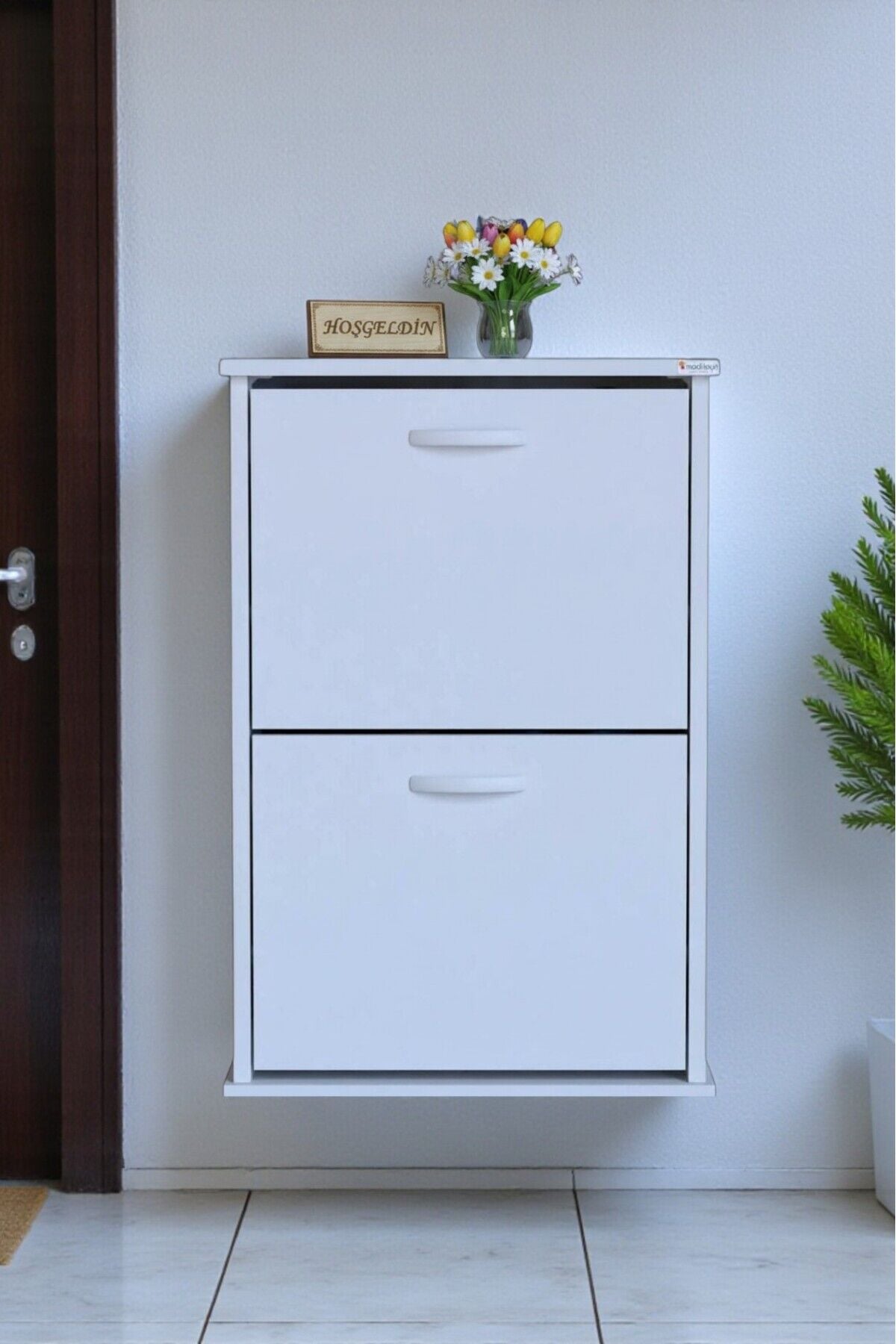 Holen Beyaz Renk Ayakkabılık 2 Düşer Kapak 52 cm Genişlik Kapı Önü Asma Ayakkabılık 52x74x26 cm
