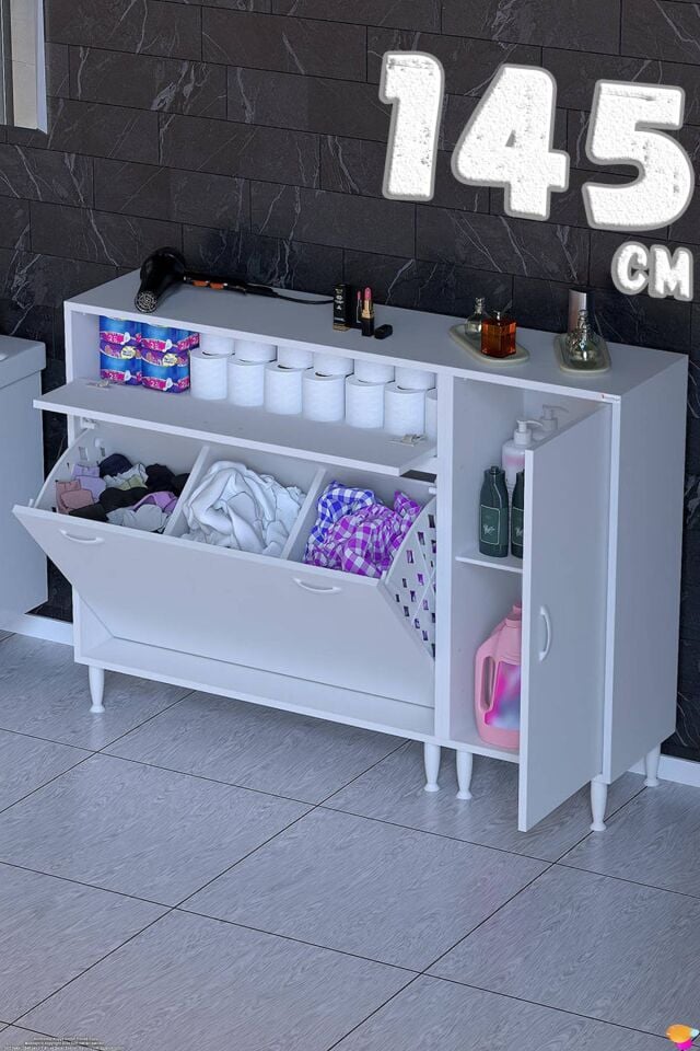 Sude 145 cm Üçlü Çamaşır Sepetli Modern Banyo ve Kiler Dolabı Beyaz ((95+50)x97x32 cm)