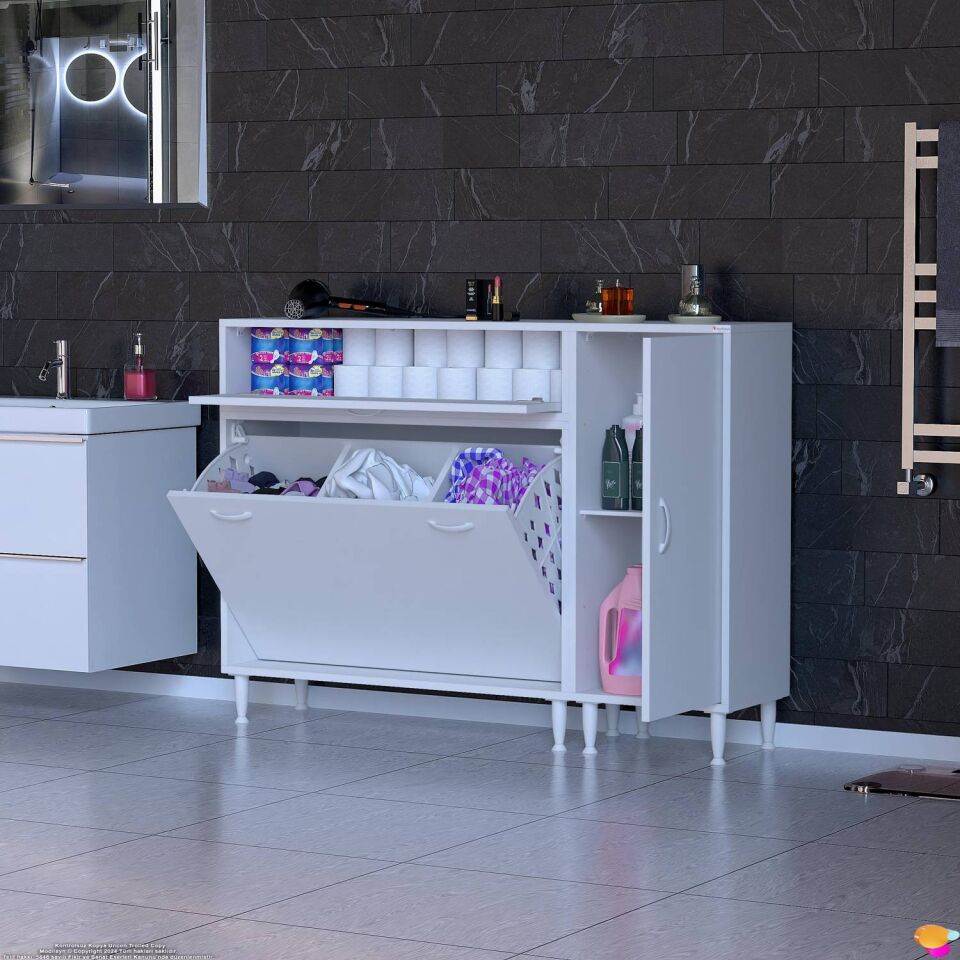 Sude 145 cm Üçlü Çamaşır Sepetli Modern Banyo ve Kiler Dolabı Beyaz ((95+50)x97x32 cm)