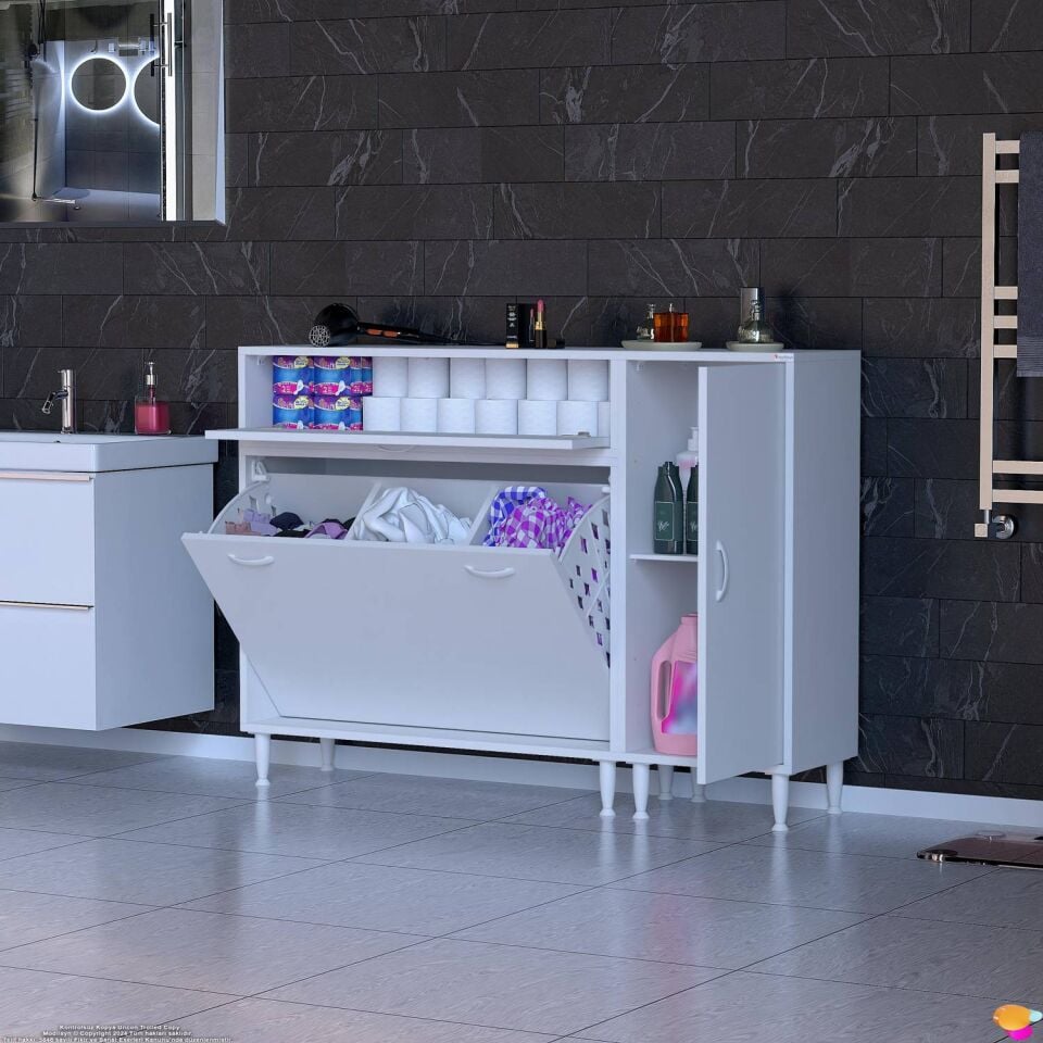 Erim 135 cm Üçlü Çamaşır Sepetli Modern Banyo ve Kiler Dolabı Beyaz ((100+35)x97x32 cm)
