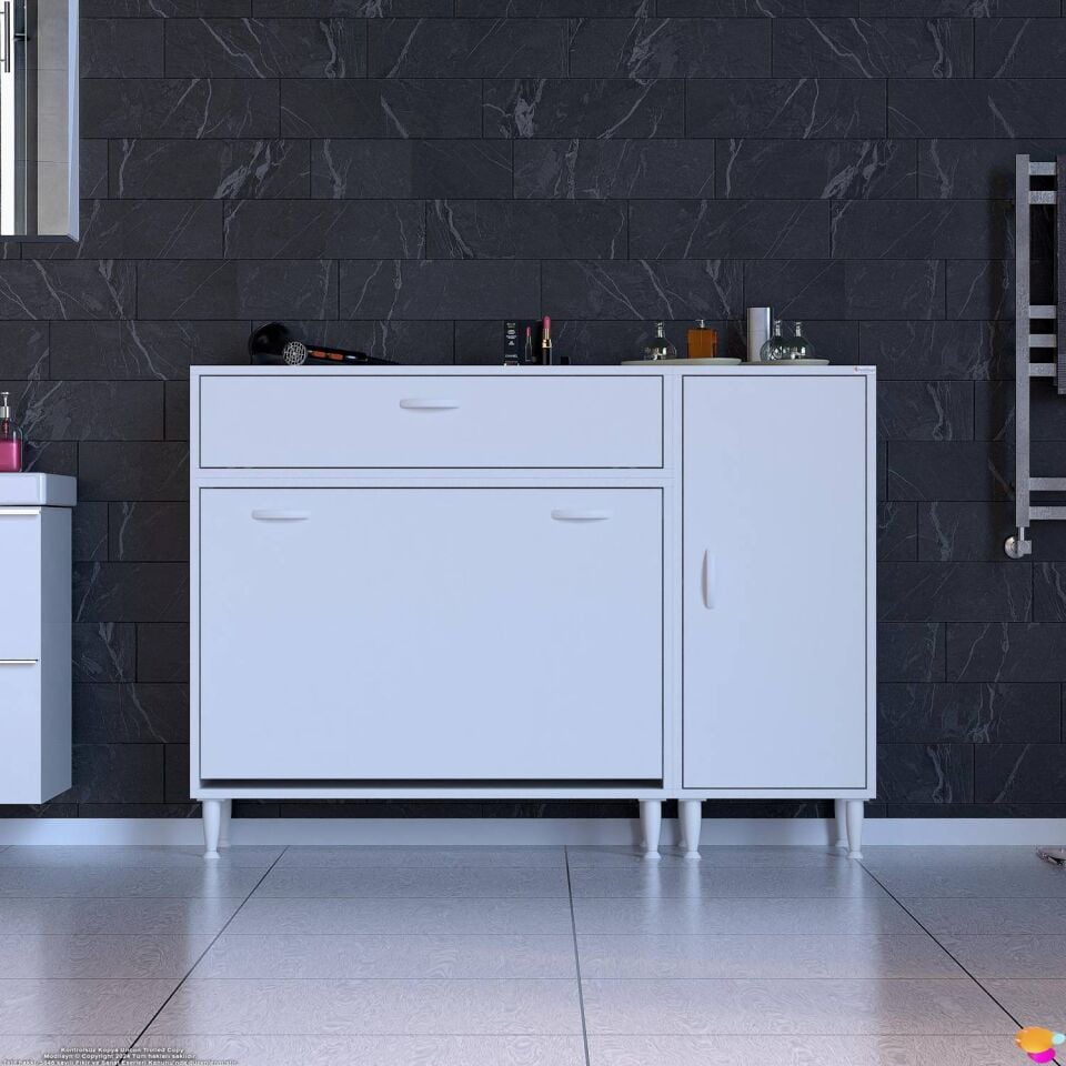 Erim 140 cm Üçlü Çamaşır Sepetli Modern Banyo ve Kiler Dolabı Beyaz ((100+40)x97x32 cm)