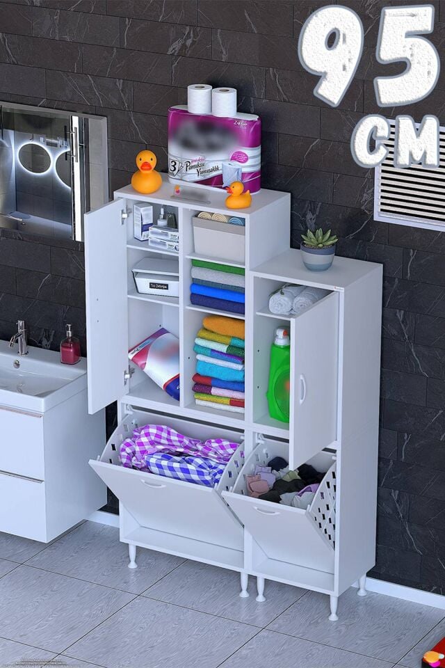Mira 95 cm Çift Sepetli Çok Amaçlı Dolap Banyo ve Kiler Dolabı Beyaz ((55+40)x160x32,5 cm)