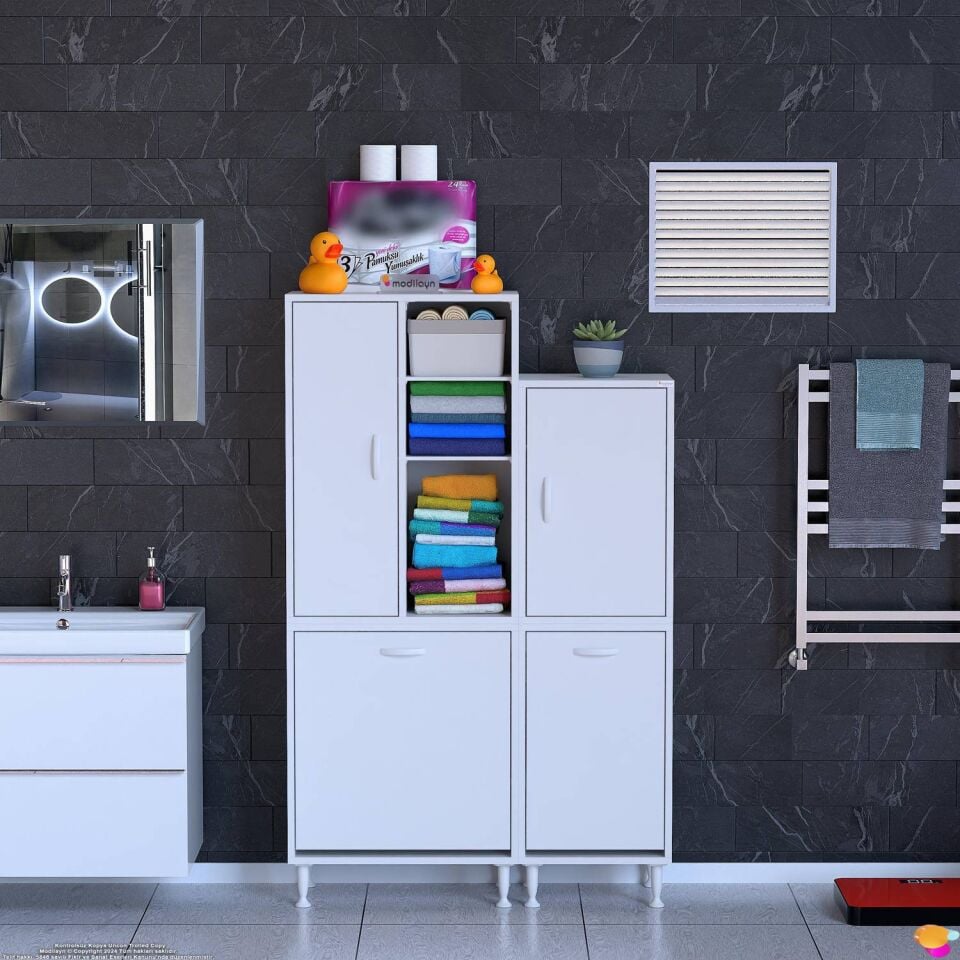 Sıla 95 cm Modüler Dolap Çift Sepetli Dolap Banyo ve Kiler Dolabı Beyaz ((60+35)x160x32,5 cm)