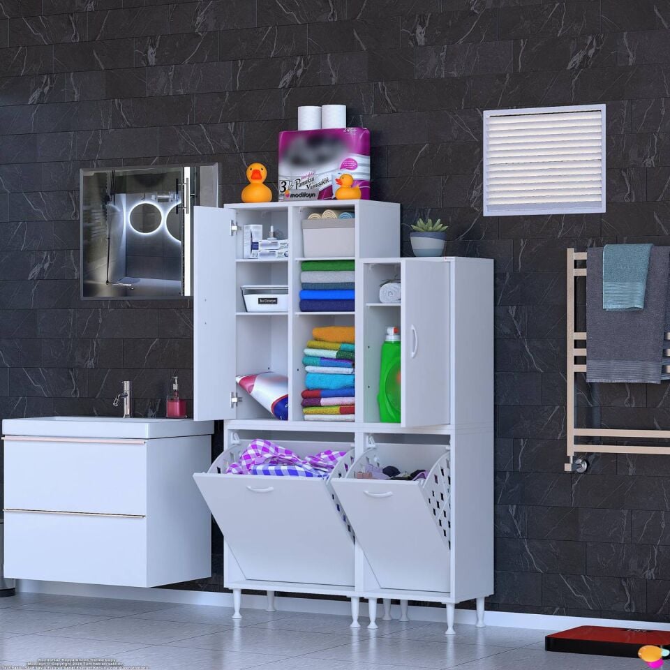 Sıla 95 cm Modüler Dolap Çift Sepetli Dolap Banyo ve Kiler Dolabı Beyaz ((60+35)x160x32,5 cm)