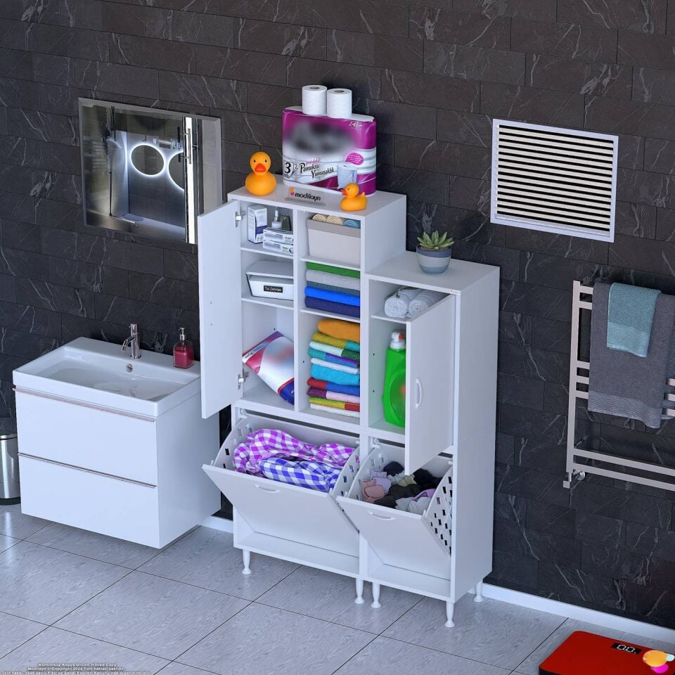 Sıla 95 cm Modüler Dolap Çift Sepetli Dolap Banyo ve Kiler Dolabı Beyaz ((60+35)x160x32,5 cm)