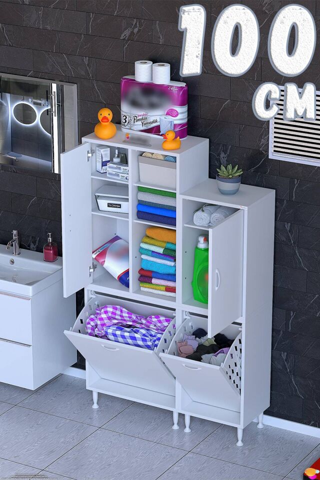 Sıla 100 cm Modüler Dolap Çift Sepetli Dolap Banyo ve Kiler Dolabı Beyaz ((60+40)x160x32,5 cm)