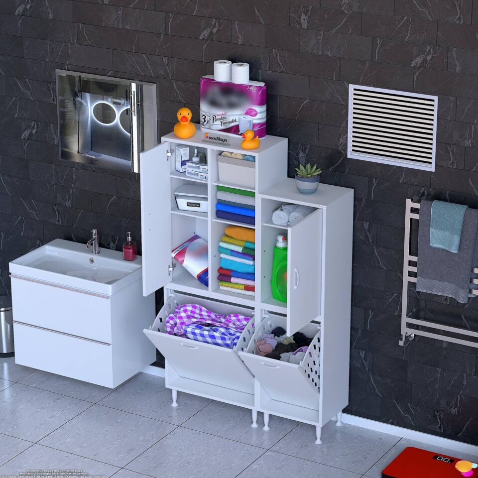Sıla 100 cm Modüler Dolap Çift Sepetli Dolap Banyo ve Kiler Dolabı Beyaz ((60+40)x160x32,5 cm)