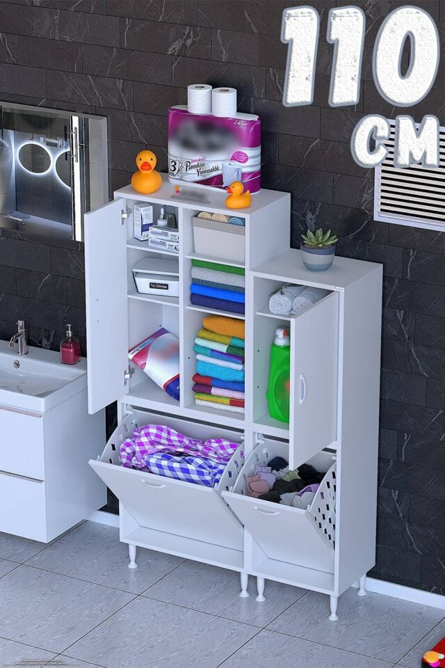 Sıla 110 cm Modüler Dolap Çift Sepetli Dolap Banyo ve Kiler Dolabı Beyaz ((60+50)x160x32,5 cm)