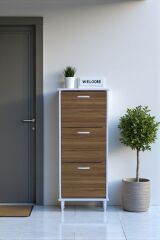 Nefes Ayaklı 52 cm Ayakkabılık Kapı Önü/Antre 3 Düşer Kapaklı Ceviz 52x127x26 cm Ayakkabılık