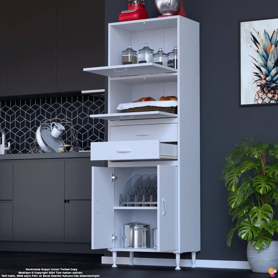 Nexa 55 cm 2 Çekmece 4 Kapaklı Çok Amaçlı Mutfak, Bakliyat ve Kahve Köşesi Banyo Dolabı 55x181x32 cm