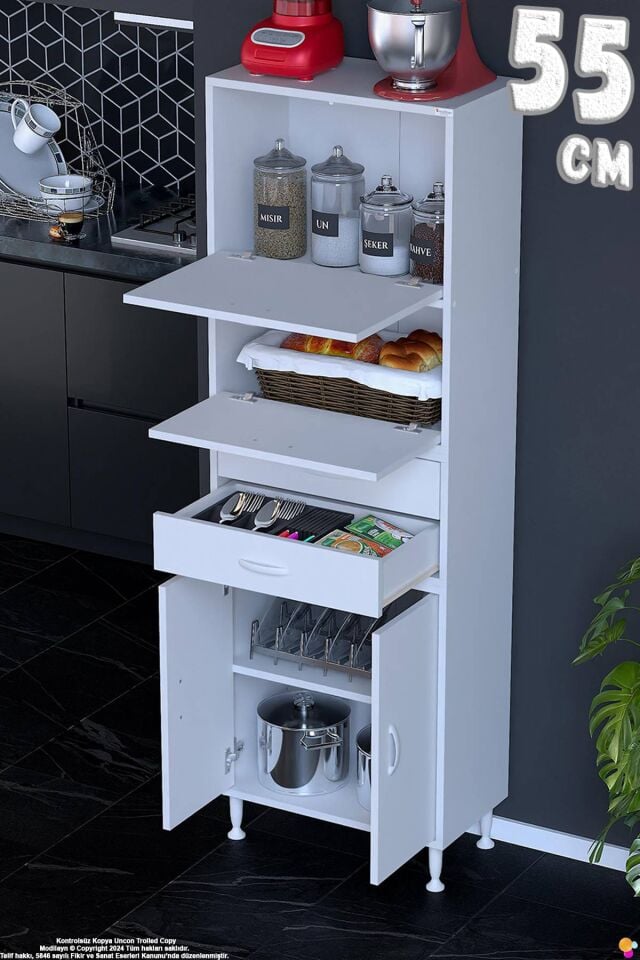Nexa 55 cm 2 Çekmece 4 Kapaklı Çok Amaçlı Mutfak, Bakliyat ve Kahve Köşesi Banyo Dolabı 55x181x32 cm