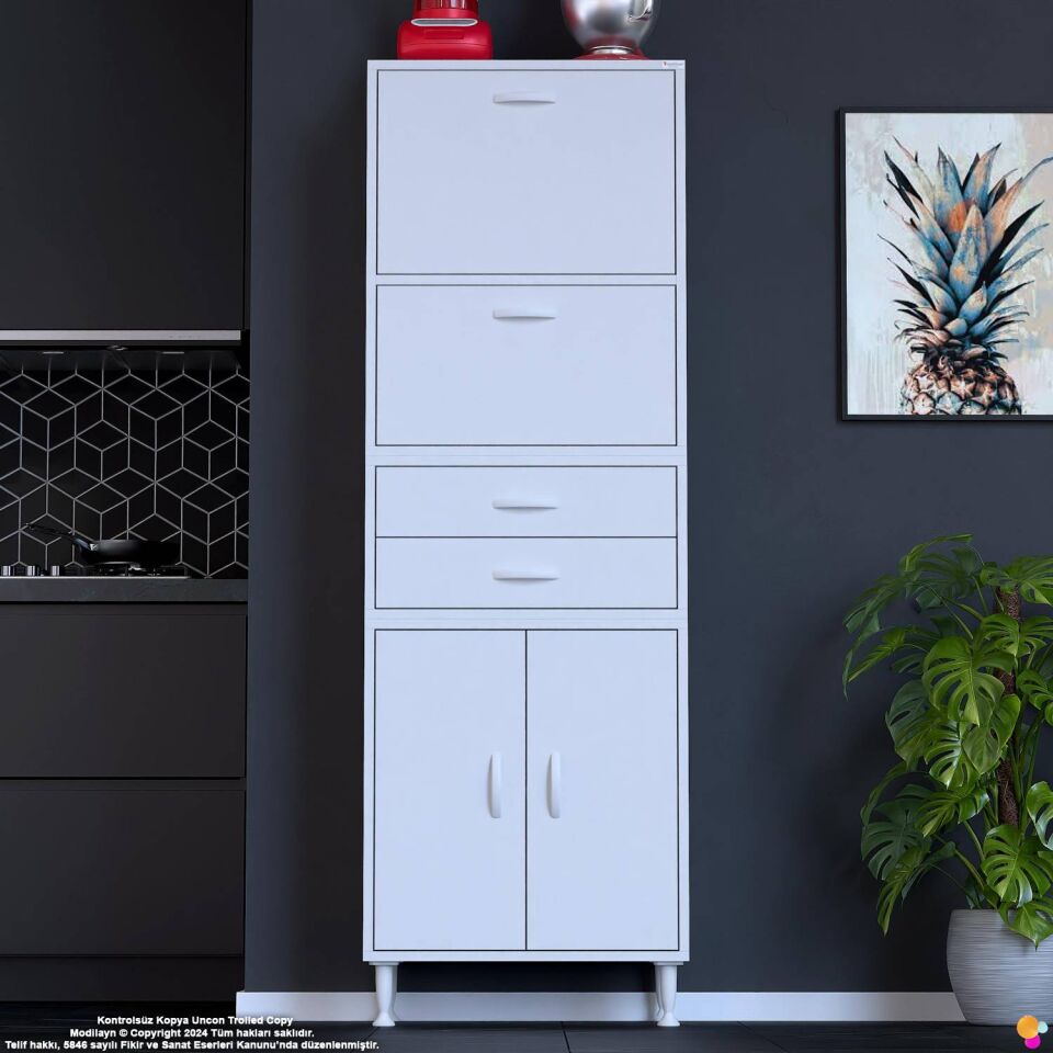 Nexa 60 cm 2 Çekmece 4 Kapaklı Çok Amaçlı Mutfak, Bakliyat ve Kahve Köşesi Banyo Dolabı 60x181x32 cm