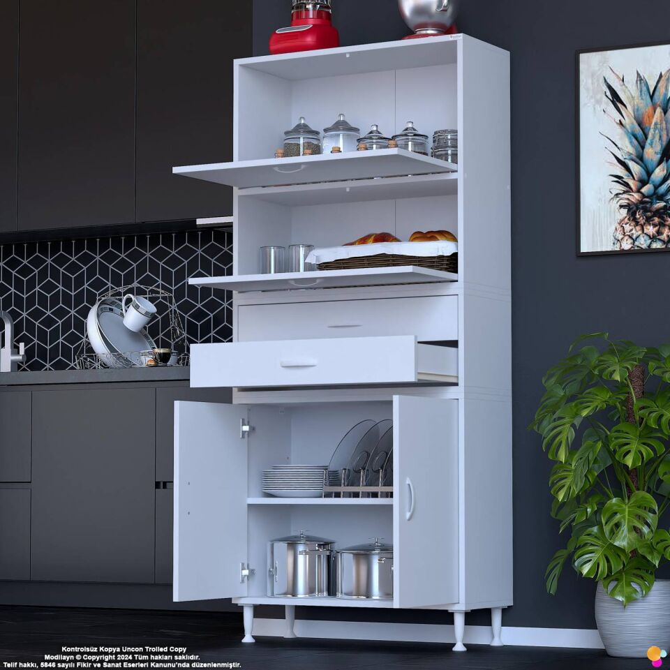 Nexa 75 cm 2 Çekmece 4 Kapaklı Çok Amaçlı Mutfak, Bakliyat ve Kahve Köşesi Banyo Dolabı 75x181x32 cm