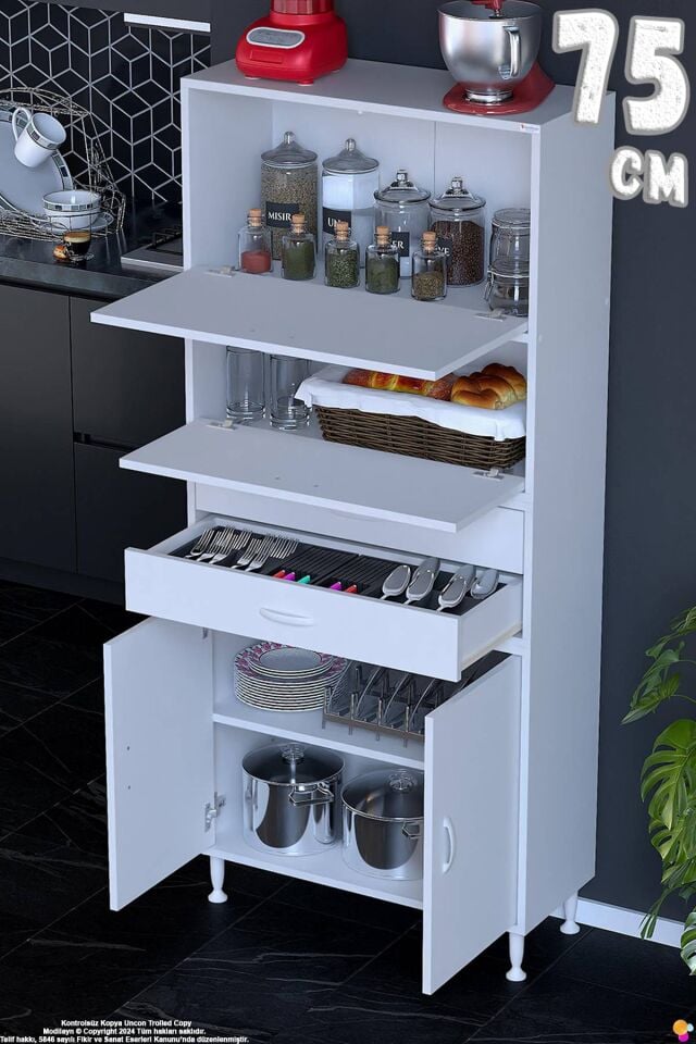 Nexa 75 cm 2 Çekmece 4 Kapaklı Çok Amaçlı Mutfak, Bakliyat ve Kahve Köşesi Banyo Dolabı 75x181x32 cm