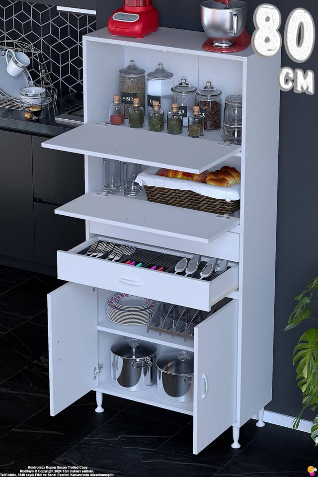 Nexa 80 cm 2 Çekmece 4 Kapaklı Çok Amaçlı Mutfak, Bakliyat ve Kahve Köşesi Banyo Dolabı 80x181x32 cm