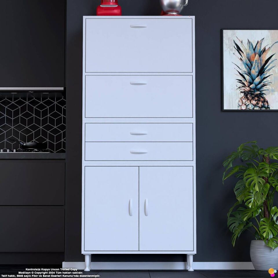 Nexa 85 cm 2 Çekmece 4 Kapaklı Çok Amaçlı Mutfak, Bakliyat ve Kahve Köşesi Banyo Dolabı 85x181x32 cm