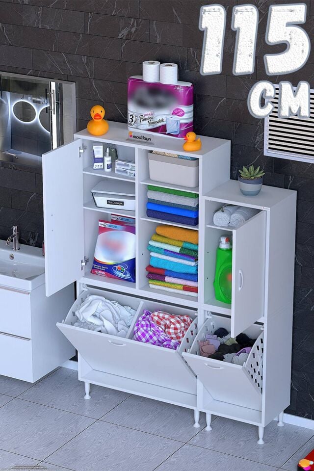 Nilera 115 cm Genişlikte Kirli Sepetli Dolap Banyo ve Kiler Dolabı Beyaz ((70+45)x160x32,5 cm)