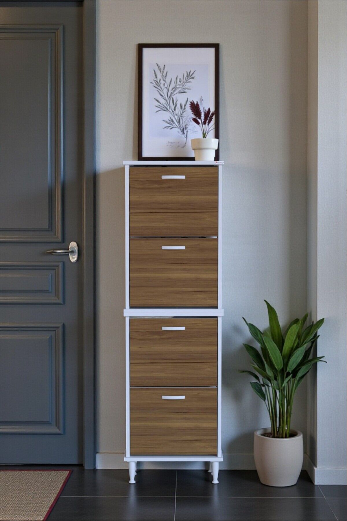 Elenio 52 cm Genişlik Ceviz Renk Ayaklı 4 Kapaklı Ayakkabılık 52x168x26 cm Ayakkabılık