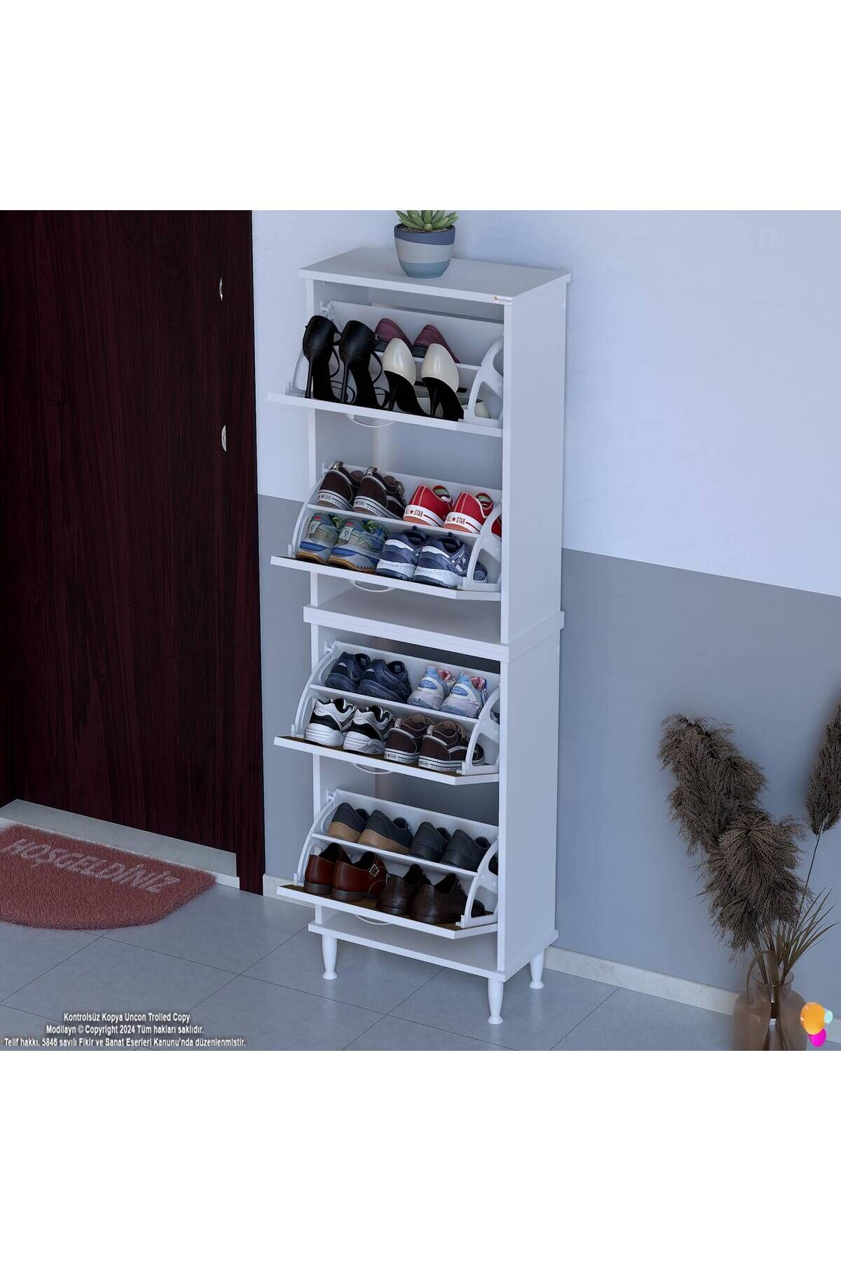 Elenio 52 cm Genişlik Ceviz Renk Ayaklı 4 Kapaklı Ayakkabılık 52x168x26 cm Ayakkabılık