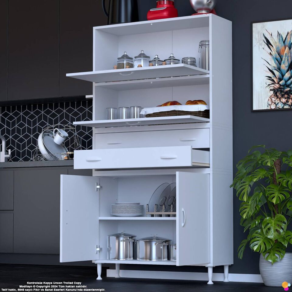 Nexa 90 cm 2 Çekmece 4 Kapaklı Çok Amaçlı Mutfak, Bakliyat ve Kahve Köşesi Banyo Dolabı 90x181x32 cm