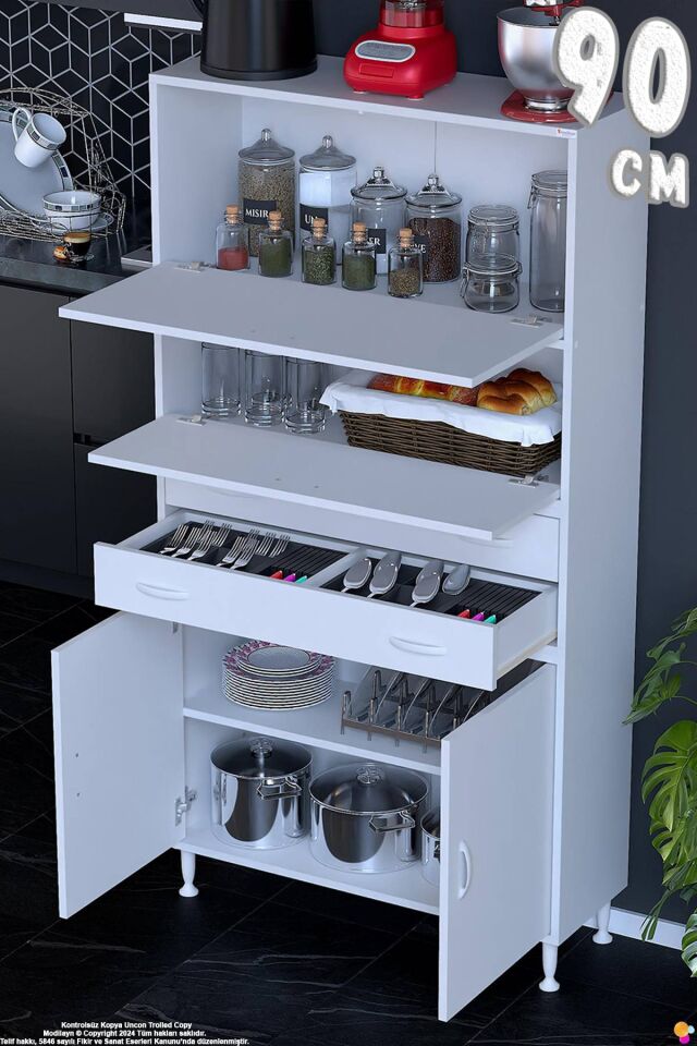 Nexa 90 cm 2 Çekmece 4 Kapaklı Çok Amaçlı Mutfak, Bakliyat ve Kahve Köşesi Banyo Dolabı 90x181x32 cm