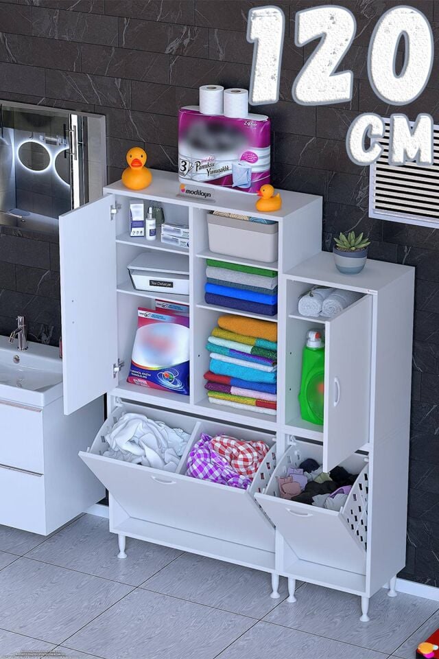 Nilera 120 cm Genişlikte Kirli Sepetli Dolap Banyo ve Kiler Dolabı Beyaz ((70+50)x160x32,5 cm)