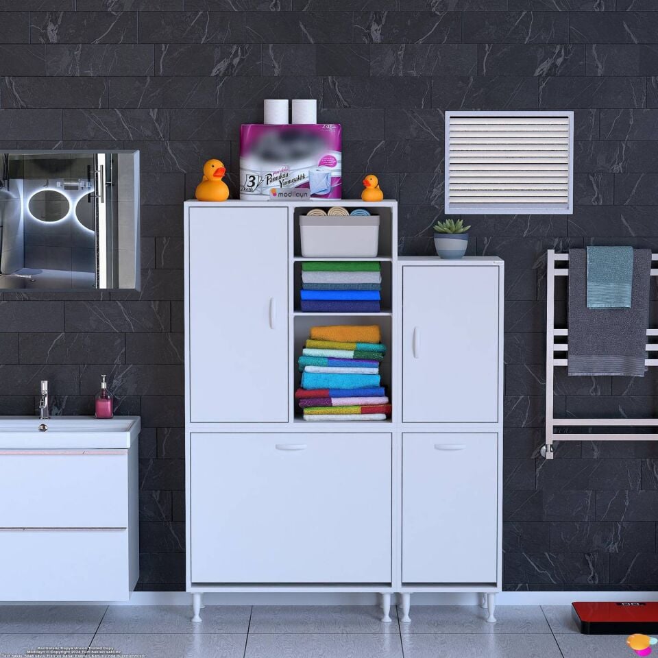 Nilera 120 cm Genişlikte Kirli Sepetli Dolap Banyo ve Kiler Dolabı Beyaz ((70+50)x160x32,5 cm)