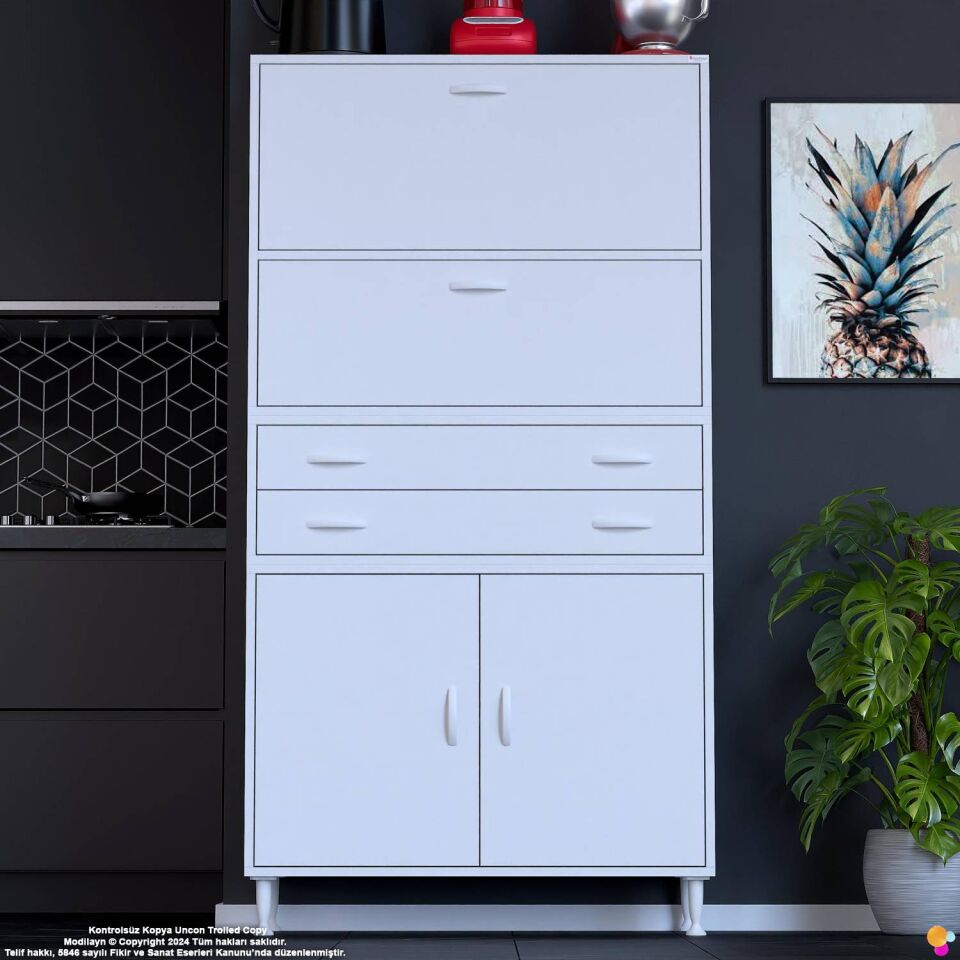 Nexa 100 cm 2 Çekmece 4 Kapak Çok Amaçlı Mutfak, Bakliyat ve Kahve Köşesi Banyo Dolabı 100x181x32 cm