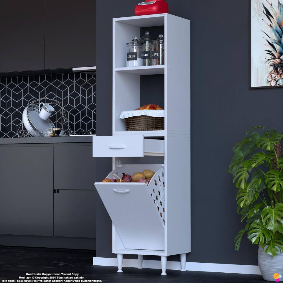 Vela 35 cm Sepetli Çok Amaçlı Açık 2 Raflı Tek Çekmeceli Mutfak Kiler Banyo Dolabı 35x163x32 cm