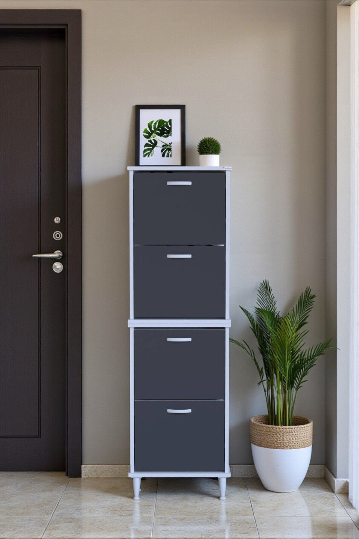 Elenio 52 cm Genişlik Antrasit Renk Ayaklı 4 Kapaklı Ayakkabılık 52x168x26 cm Ayakkabılık