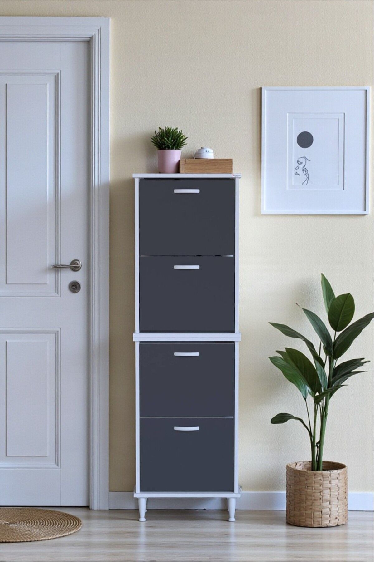 Elenio 52 cm Genişlik Antrasit Renk Ayaklı 4 Kapaklı Ayakkabılık 52x168x26 cm Ayakkabılık