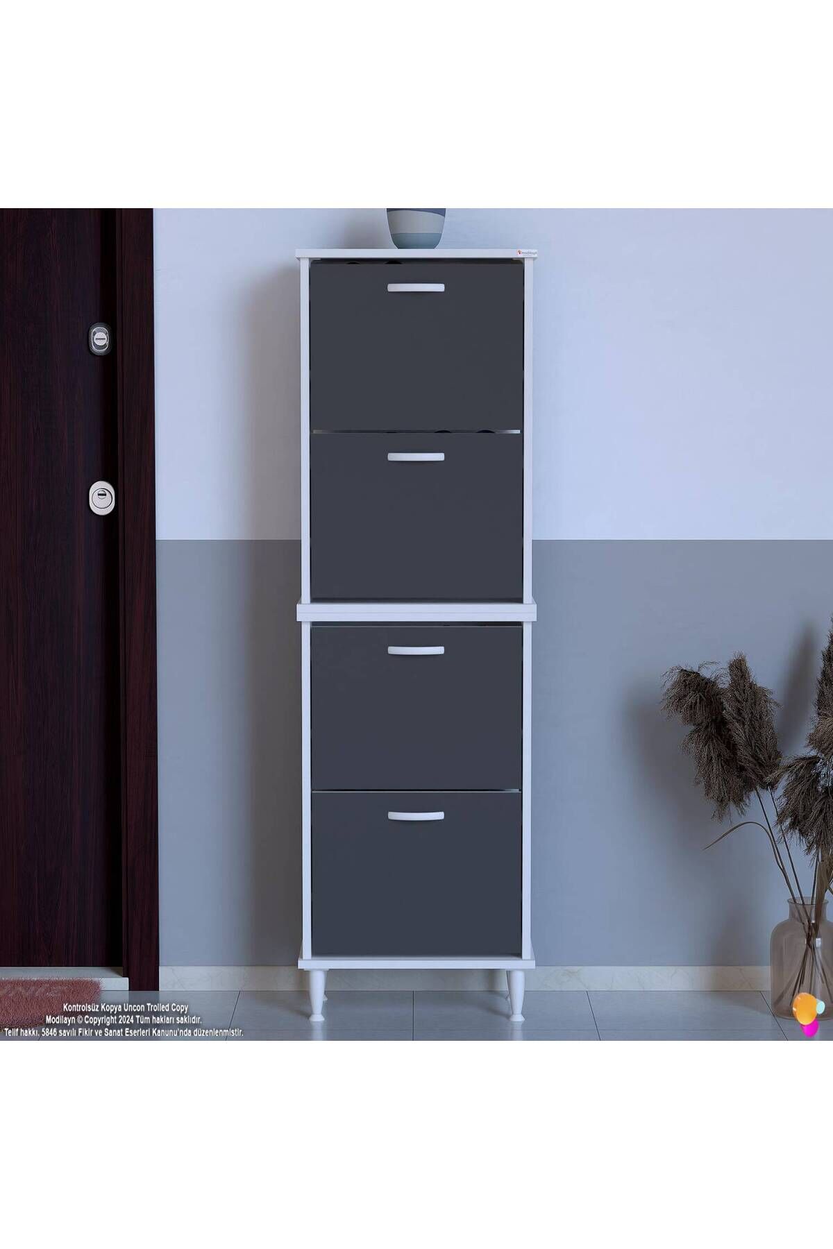 Elenio 52 cm Genişlik Antrasit Renk Ayaklı 4 Kapaklı Ayakkabılık 52x168x26 cm Ayakkabılık